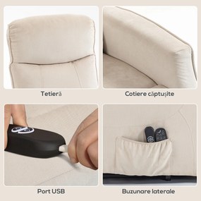 HOMCOM Fotoliu Electric cu Ridicare 150° din Material ce Imita Inul cu 8 Puncte de Masaj, Încălzire, Bej | Aosom Romania