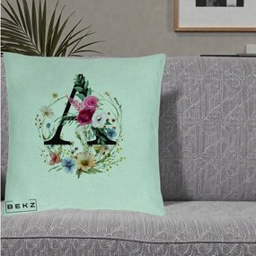Cadou Personalizat - Perna Personalizata Monogram Litera A cu Flori Acuarela, 40x40 cm, Verde Menta, Husa Detasabila, Perna Inclusa, BEKZ®