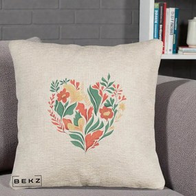 Perna Decorativa Inima Florala Botanica, 40x40 cm, Bej Canapea, Husa Detasabila, Perna Inclusa, BEKZ®