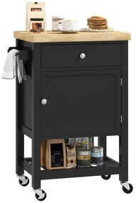 HOMCOM Servantă de bucătărie pe roți, cărucior de servire, blat din lemn de hevea, sertar, 63,5 x 40 x 90 cm, negru | Aosom Romania