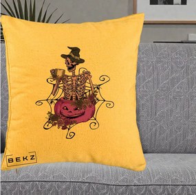 Perna Decorativa Schelet Vrajitor cu Dovleac Violet Halloween, 40x40 cm, Galben, Husa Detasabila, Perna Inclusa, BEKZ®