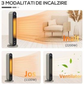 HOMCOM Incalzitor Electric Oscilant cu 3 Moduri de Incalzire, cu ventilator, Temperatura Reglabila, Telecomanda Ø25x73.5 cm, Argintiu | Aosom Romania