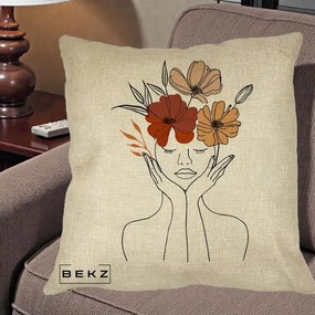 Perna Decorativa Portret Feminin Coroana Trei Flori, 40x40 cm, Crem, Husa Detasabila, Perna Inclusa, BEKZ®