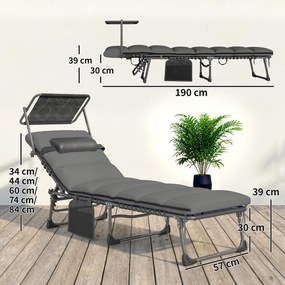 Outsunny Set de 2 șezlonguri pliante cu copertină, șezlonguri înclinabile cu pernă, buzunar lateral și mâner de transport, gri închis | Aosom Romania