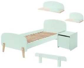 Set KIDDY în verde mentă format dintr-un Pat copii (90x200), noptieră, 2 rafturi de perete (45 și 65 cm) și o bară de siguranță.