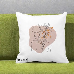 Perna Decorativa Femeie cu Flori Line Art Boho, 40x40 cm, Alba Mata, Husa Detasabila, Perna Inclusa, BEKZ®
