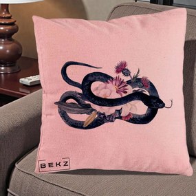 Perna Decorativa Sarpe Negru cu Flori Gothic, 40x40 cm, Roz, Husa Detasabila, Perna Inclusa, BEKZ®