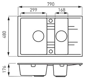 Chiuveta granit Ferro, Mezzo II, dreptunghiulara, 2 cuve cu picurator, 790x480 mm, grafit