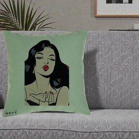 Perna Decorativa Femeie Pop-Art Kiss, 40x40 cm, Verde, Husa Detasabila, Perna Inclusa, BEKZ®
