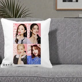 Perna Personalizata K-pop BLACKPINK Colaj 4 Portrete cu Semnature, 40x40 cm, Alba Mata, Husa Detasabila, Perna Inclusa, BEKZ®