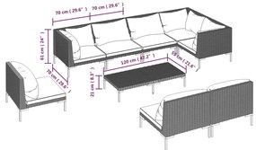 Set mobilier de gradina cu perne, 9 piese, gri inchis poliratan 5x mijloc + 3x colt + masa, 1