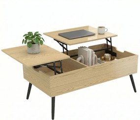HOMCOM Masă de cafea rabatabilă cu dublu blat, masă de living cu compartiment ascuns și picioare din metal, lemn natural | Aosom Romania
