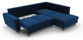 Colțar albastru extensibil, cu spațiu de depozitare cu tapițerie din catifea (cu colț pe partea dreaptă-în formă de ”L”) Kyoto – Cosmopolitan Design