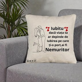 Cadou pentru Iubit - Perna Personalizata Iubitu Nemuritor cu Cuplu Line-Art si Inimi Rosii, 40x40 cm, Bej Canapea, Husa Detasabila, Perna Inclusa, BEKZ®