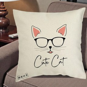 Perna Personalizata Cute Cat cu Ochelari, 40x40 cm, Ecru, Husa Detasabila, Perna Inclusa, BEKZ®