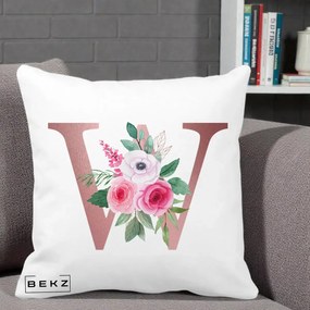 Cadou Personalizat - Perna Personalizata Monograma Rose Gold Litera W cu Trandafiri si Anemona, 40x40 cm, Alba Mata, Husa Detasabila, Perna Inclusa, BEKZ®