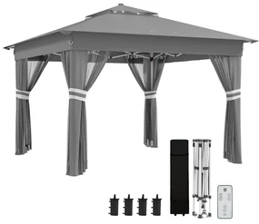 Outsunny Foisor tip pop-up 3 x 3(m),20 lumini LED alimentate de la soare,geanta cu roti, 4 saci de greutate, inaltime reglabila, Gri | Aosom Romania