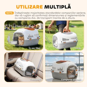 PawHut Transportor pentru Pisici și Câini Mici din Plastic, cu Fereastră Superioară, Ușă din Oțel, Bol pentru Hrană, pentru Animale max 4 kg, 49x32x31 cm, Gri | Aosom Romania