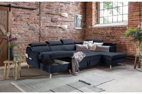 Colțar albastru închis extensibil cu tapițerie din catifea (cu colț pe partea dreaptă/în formă de "U") Sweet Harmony – Miuform