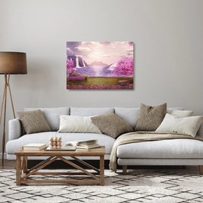Tablou pe sticlă cu pomi roz cu lac (70x50 cm)