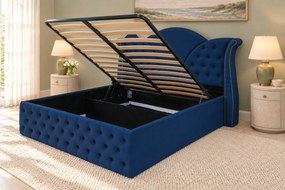 Pat tapițat Chesterfield din catifea Velora 160×200 cm, bleumarin, cu ladă de depozitare