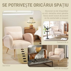 HOMCOM Fotoliu pentru Sufragerie Captusit, Fotoliu de Cameră în Material Teddy cu Pernă Lombardă, Fotoliu de Lectură cu Picioare cu Efect de Lemn din Metal pentru Sufragerie și Birou, 77x77x83 cm, Bej | Aosom Romania
