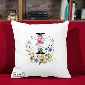 Cadou Personalizat - Perna Personalizata Monogram Litera I cu Flori Acuarela, 40x40 cm, Alba Mata, Husa Detasabila, Perna Inclusa, BEKZ®