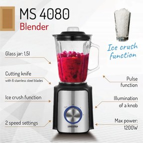 Blender Mesko MS 4080, 1200 W, 1,5 l, 21 000 rpm, 6 lame, 2 viteze + funcție puls, capac cu orificiu, inox/negru