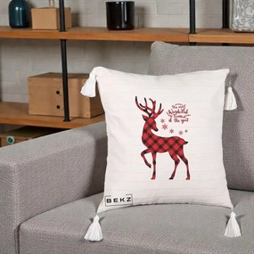 Perna Decorativa Ren Buffalo Plaid Craciun, 40x40 cm, Bej cu Franjuri, Husa Detasabila, Perna Inclusa, BEKZ®