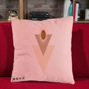 Perna Decorativa Boho Sun cu Triunghiuri Bej si Oval Solar, 40x40 cm, Roz, Husa Detasabila, Perna Inclusa, BEKZ®