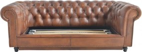 Canapea Chesterfield extensibilă 3 locuri din piele naturală cognac, cu ținte decorative și picioare strunjite, 102 x 220 x 102 cm, „Hargreaves”