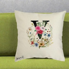 Cadou Personalizat - Perna Personalizata Monograma Florala Litera V cu Coroana, 40x40 cm, Ecru, Husa Detasabila, Perna Inclusa, BEKZ®