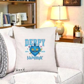 Perna Personalizata K-pop HUNTRX Derpy Pisica Albastra, 40x40 cm, Bej cu Franjuri, Husa Detasabila, Perna Inclusa, BEKZ®