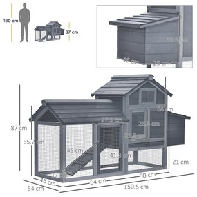 PawHut Coteț prefabricat din lemn pentru 2 găini cu gard pentru grădină 150.5 x 54 x 87cm, gri închis | Aosom Romania