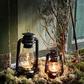 Felinar vintage negru cu petrol, din metal și sticlă, cu detalii aurii, capac de siguranță și fitil inclus, „Hurricane Lantern Black Small"