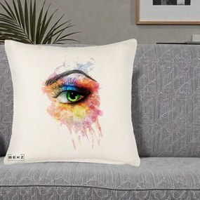 Perna Decorativa Ochi Verde Acuarela, 40x40 cm, Crem Reliefat, Husa Detasabila, Perna Inclusa, BEKZ®