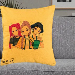 Perna Personalizata K-pop HUNTRX Trio Anime Stele, 40x40 cm, Galben, Husa Detasabila, Perna Inclusa, BEKZ®