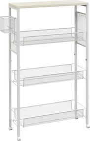 HOMCOM Cărucior de Bucătărie Multifuncțional cu 3 Nivele pe Roți 3 Coșuri din Sârmă de Oțel Carlig Alb 58x18.5x87cm | Aosom Romania