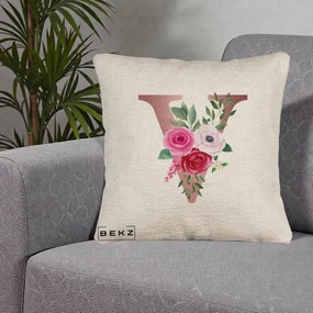 Cadou Personalizat - Perna Personalizata Monograma Rose Gold Litera V, 40x40 cm, Bej Canapea, Husa Detasabila, Perna Inclusa, BEKZ®