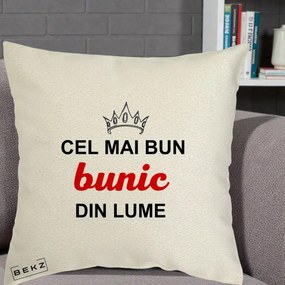 Cadou pentru Bunic - Perna Personalizata Cel Mai Bun Bunic Din Lume Coroana Rosu, 40x40 cm, Ecru, Husa Detasabila, Perna Inclusa, BEKZ®