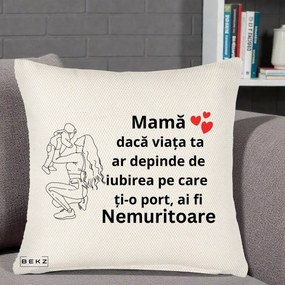 Cadou pentru Mama - Perna Personalizata Mama Nemuritoare Portret Graphic, 40x40 cm, Crem Reliefat, Husa Detasabila, Perna Inclusa, BEKZ®