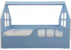 Pat tip casuta pentru copii NOVOKIDS™ Magic Blue House, 160x80 CM, Pal 18 mm, Margini anti-lovire, Protectie Laterala cu montare universala, Albastru