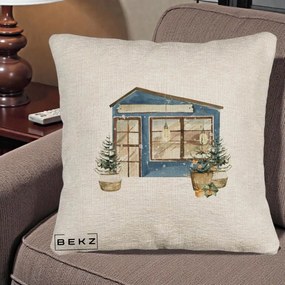 Perna Decorativa Casa de Iarna Watercolor, 40x40 cm, Bej Canapea, Husa Detasabila, Perna Inclusa, BEKZ®