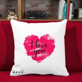 Cadou Romantic - Perna Personalizata I Love You Inima Roz, 40x40 cm, Alba Mata, Husa Detasabila, Perna Inclusa, BEKZ®