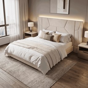 Pat cu somieră şi iluminare LED, 160x200, ţesătură Velvet bej, ALTESA