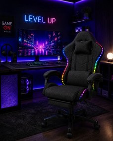 SONICSTRIKE RGB FABRIC– Scaun Gaming cu Masaj în 7 Puncte, Boxe Bluetooth Integrate, Sistem iluminare banda LED RGB, Tapițerie Premium Dublu Strat Anti-Zgâriere, Suport Extensibil pentru Picioare, Negru