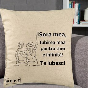Cadou pentru Sora - Perna Personalizata Sora Mea Te Iubesc Line Art Portrete Colorate, 40x40 cm, Bej, Husa Detasabila, Perna Inclusa, BEKZ®