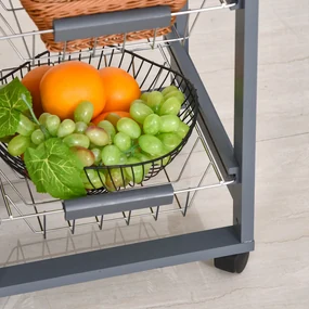 HOMCOM Carucior Bucatarie Multifunctional cu 3 Sertare Detasabile 2 Suporturi Sticle Lemn de Pin Metal 47x37x83cm Stejar Gri | Aosom Romania