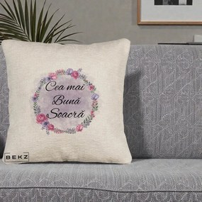 Cadou pentru Soacra - Perna Personalizata Cea mai Buna Soacra cu Coronita Flori Roz si Mov, 40x40 cm, Bej Canapea, Husa Detasabila, Perna Inclusa, BEKZ®