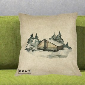 Perna Decorativa Cabana de Iarna in Padure, 40x40 cm, Crem, Husa Detasabila, Perna Inclusa, BEKZ®